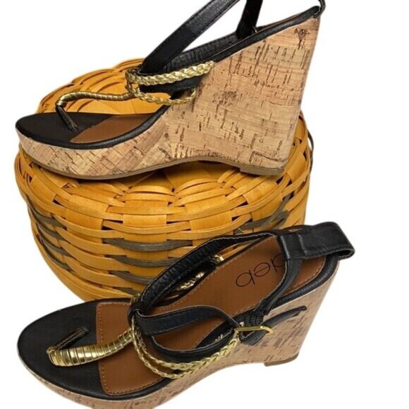 Deb Black & Gold Braided Cork Wedge Sandals Size 5 - Picture 3 of 6